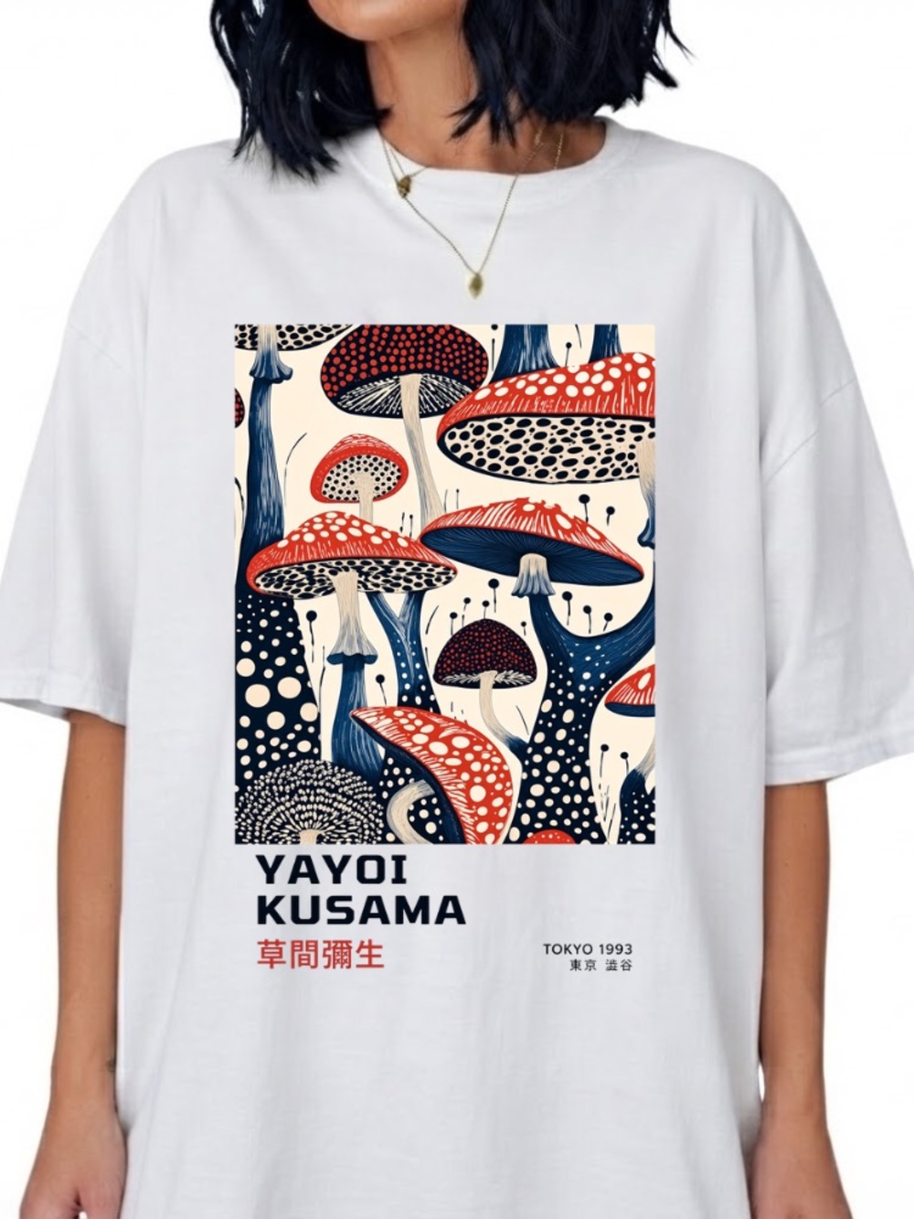 Yayoi Kusama Tokyo 1993 Mushrooms Art Polka Dot Vintage White T-Shirt